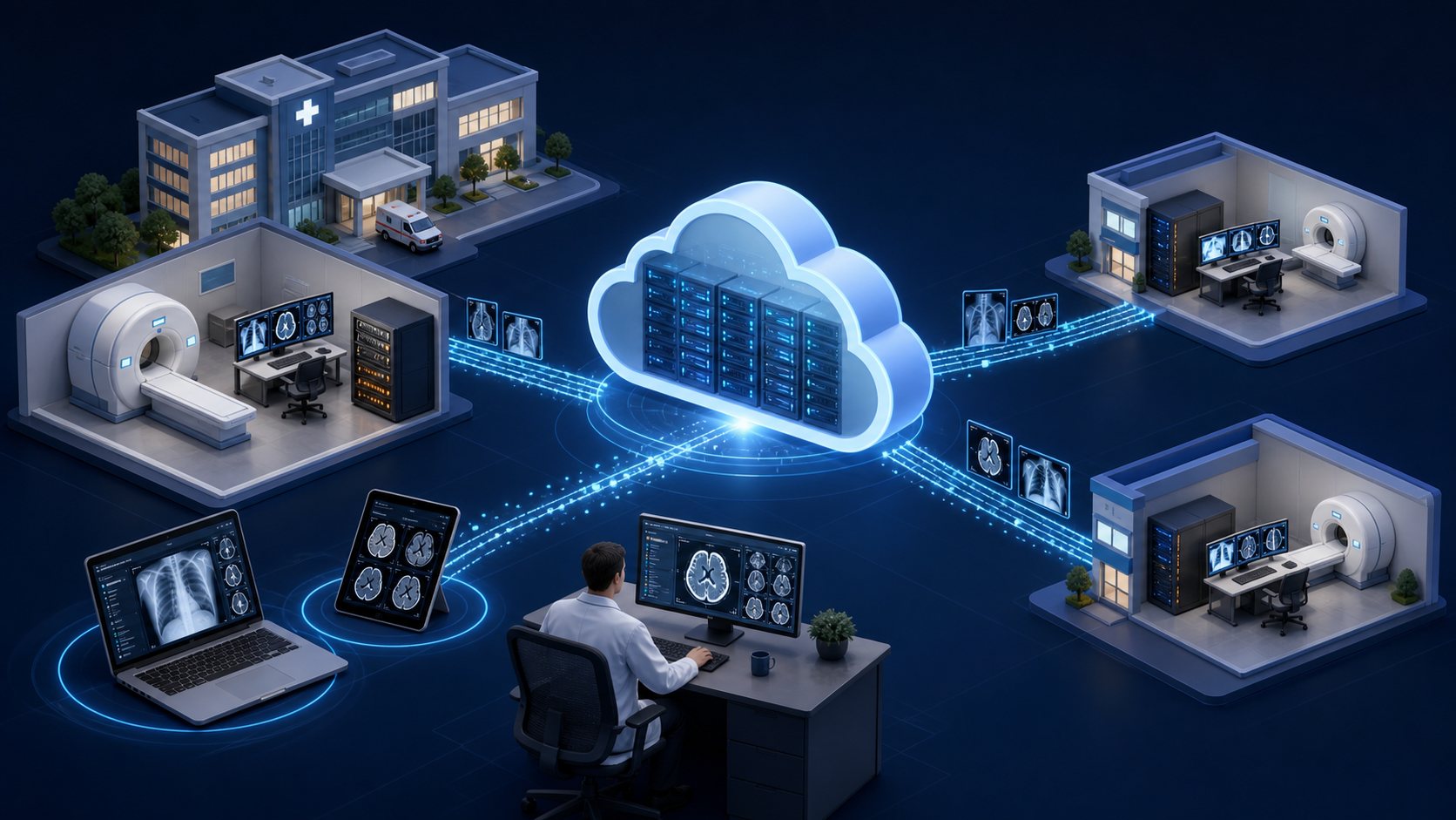 Hybrid medical imaging network connecting local facilities with secure cloud services
