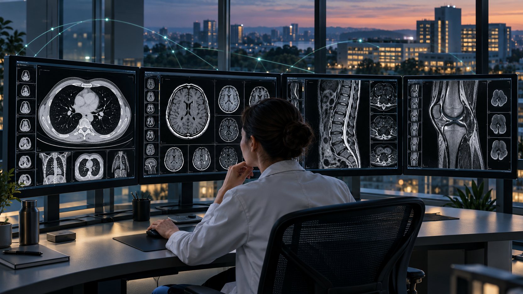 Illustrative radiologist reviewing CT and MRI studies across several diagnostic monitors, with links to other sites.