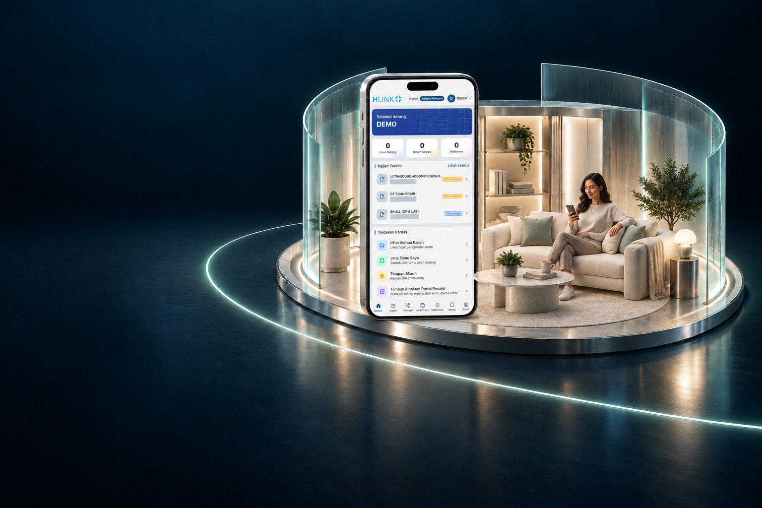 Illustrative patient at home beside a phone displaying the HLINK Patient Portal home screen with a demo identity.