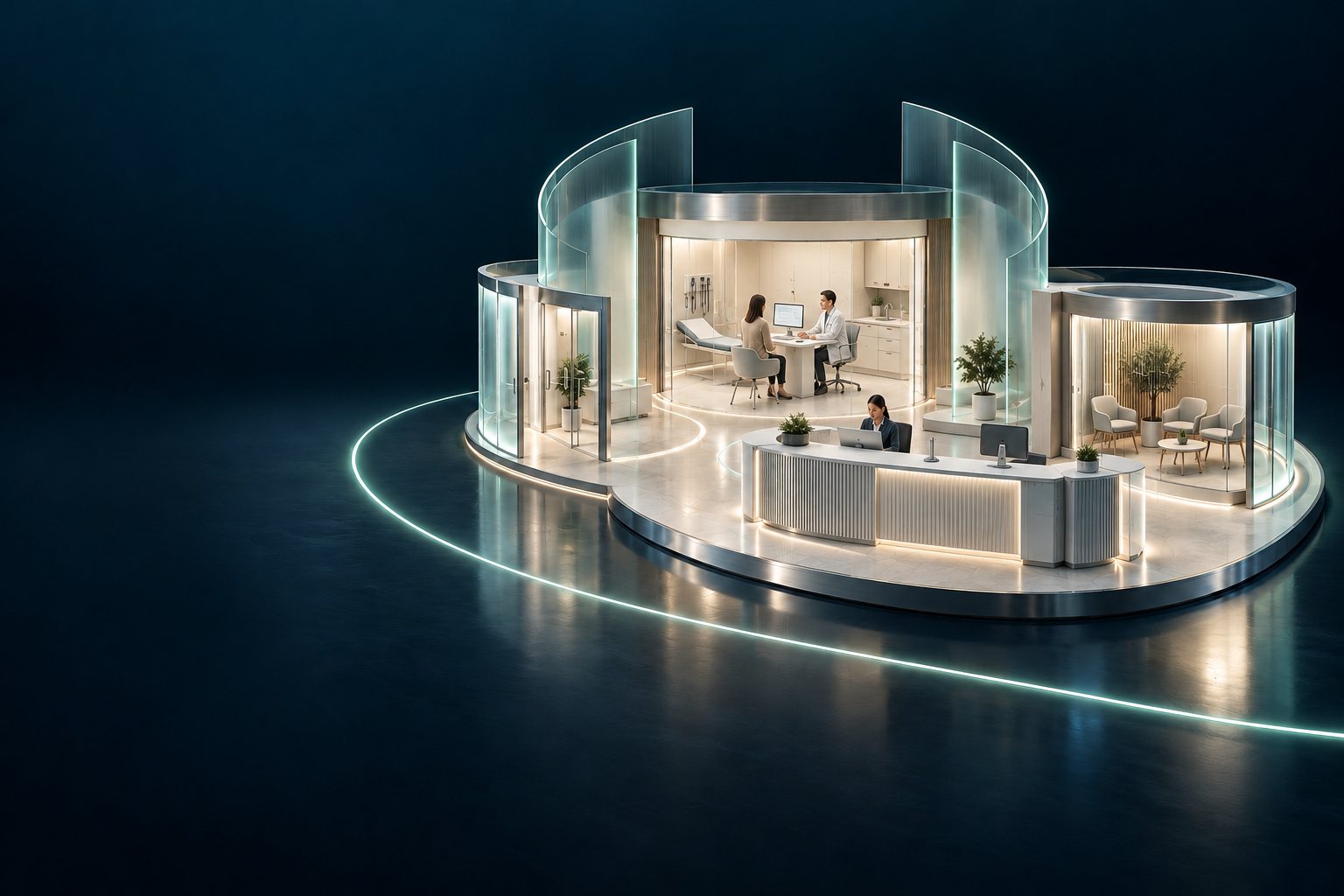 Illustrative GP clinic with a doctor and patient in consultation, a referral workstation, reception and waiting area.