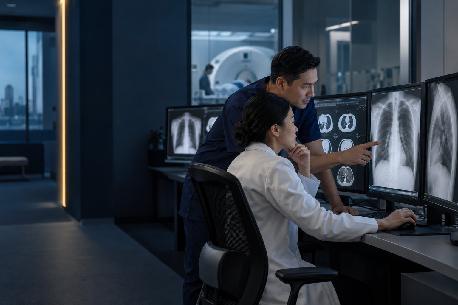 Illustrative scene of radiology professionals reviewing imaging together.
