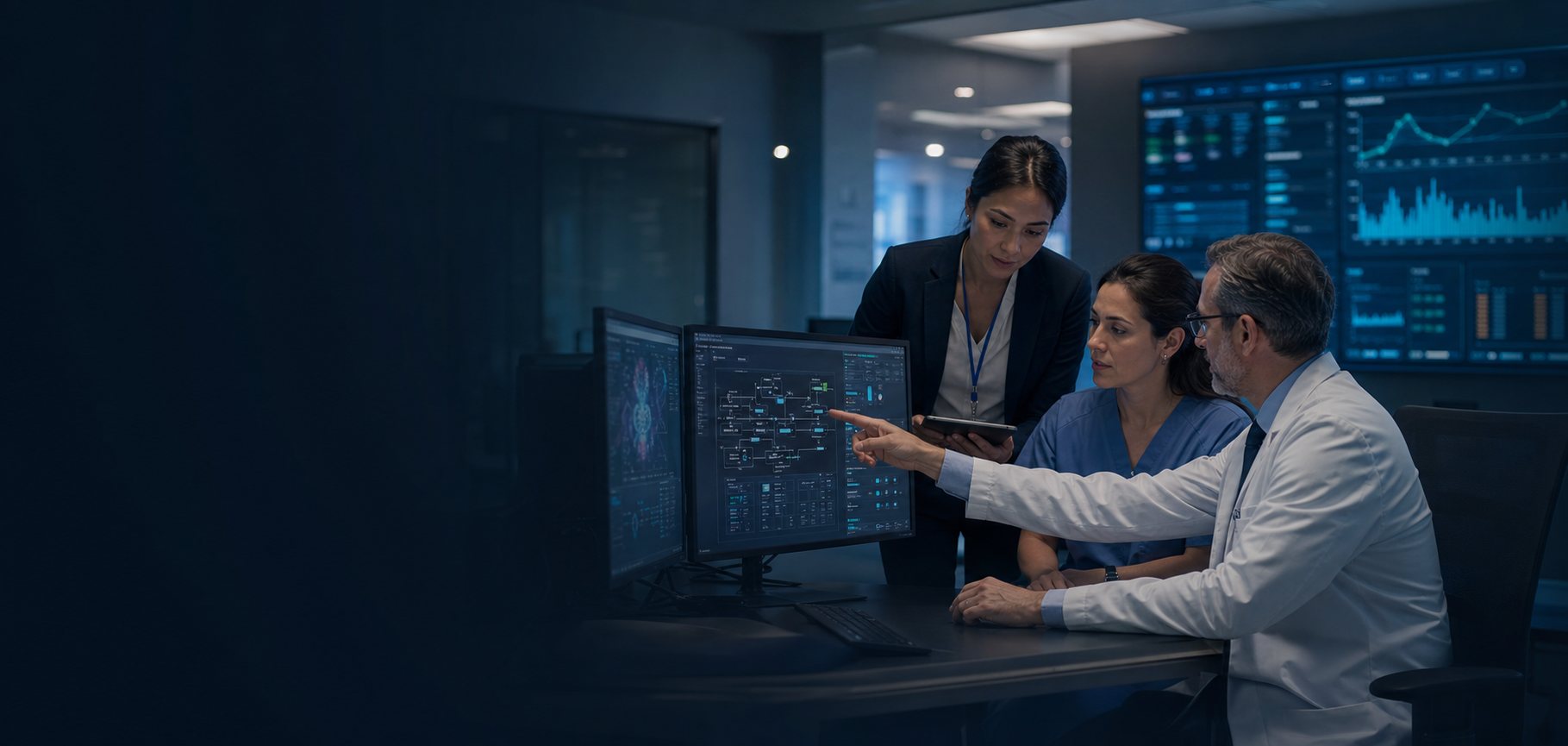 Illustration of healthcare technology specialists reviewing a workflow.